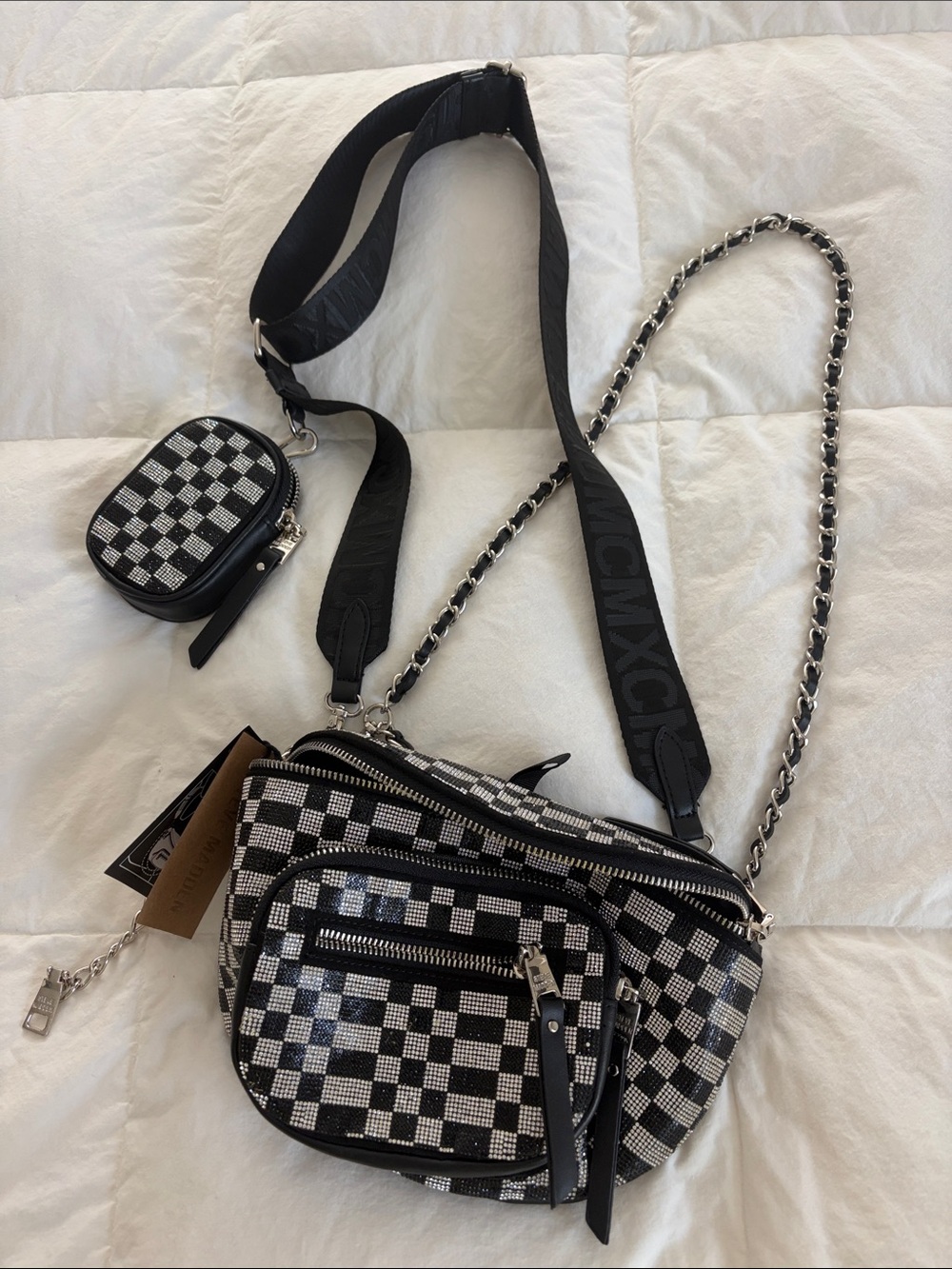 Steve Madden Black and White Checkered Crossbody Bag with Coin Pouch